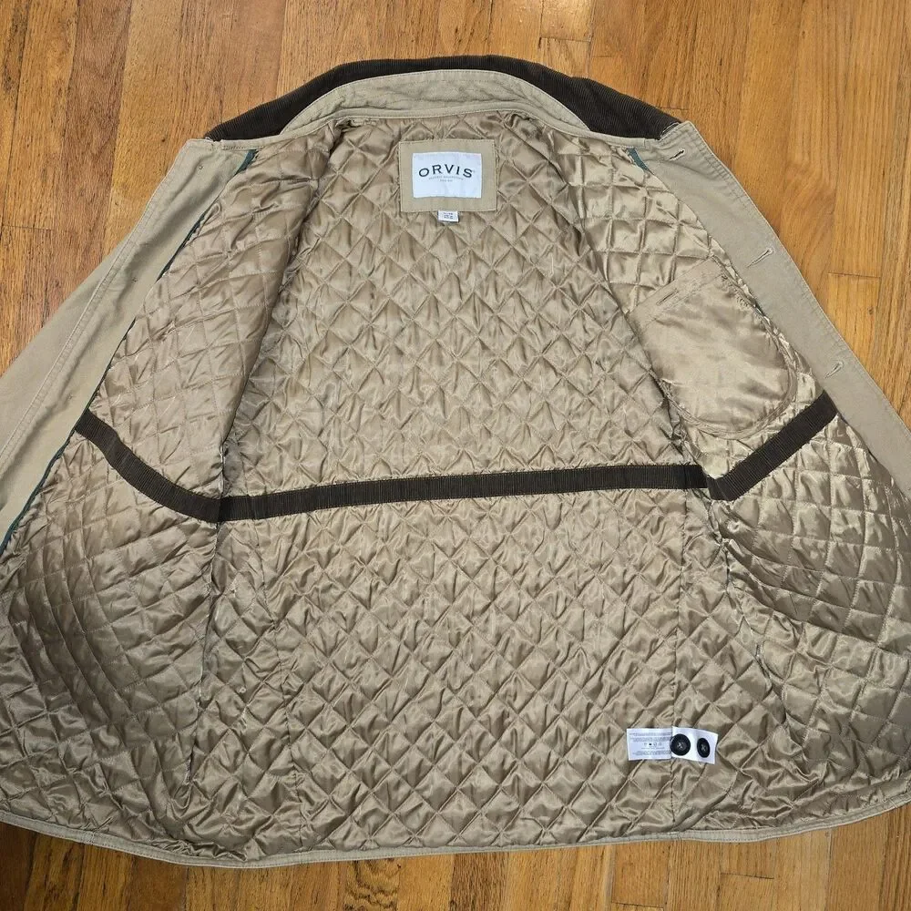 Orvis Jacket Mens Large Khaki Barn Coat Field Canvas Quilted Corduroy Collar XL